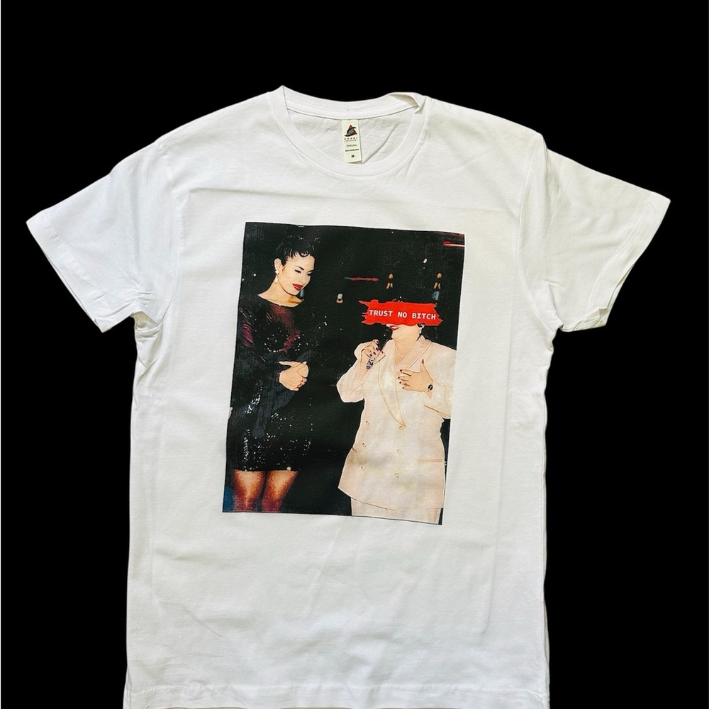 White Graphic T-Shirt with Photo Print Selena